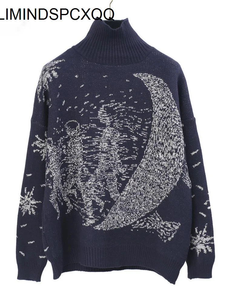 Женский вязаный свитер с высоким воротником Повседневный пуловер оверсайз в