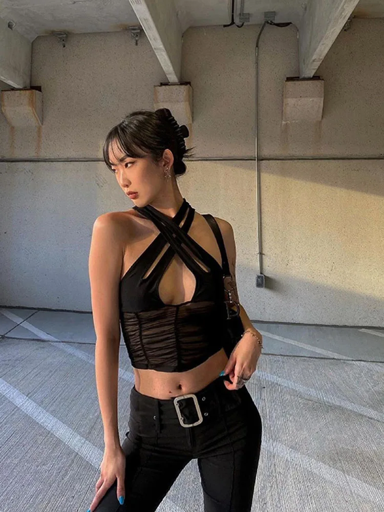 

Y2K Sexy Hollow Women Halter Tank Tops Sleeveless Ruched Patchwork Mesh Camisole Clubwear Fashion Solid Vest Outfit