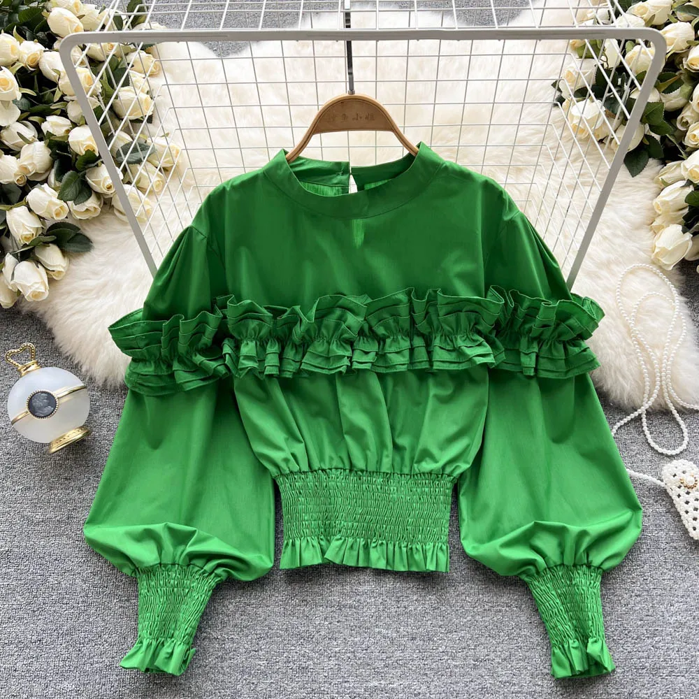 

Женская блузка с оборками, однотонная Повседневная Блузка с расклешенным рукавом, весна-лето 2022