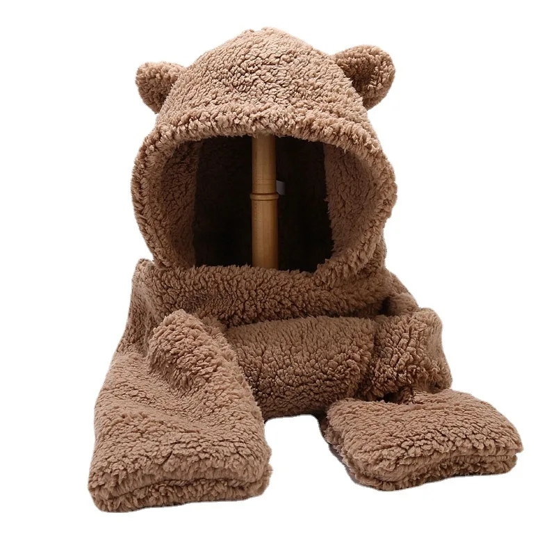 

2022 Beanies Skullies Bear Ear Protection Hat Female Autumn Winter Cute Plush Bib Scarf Gloves Hooded Korean Versatile Warm