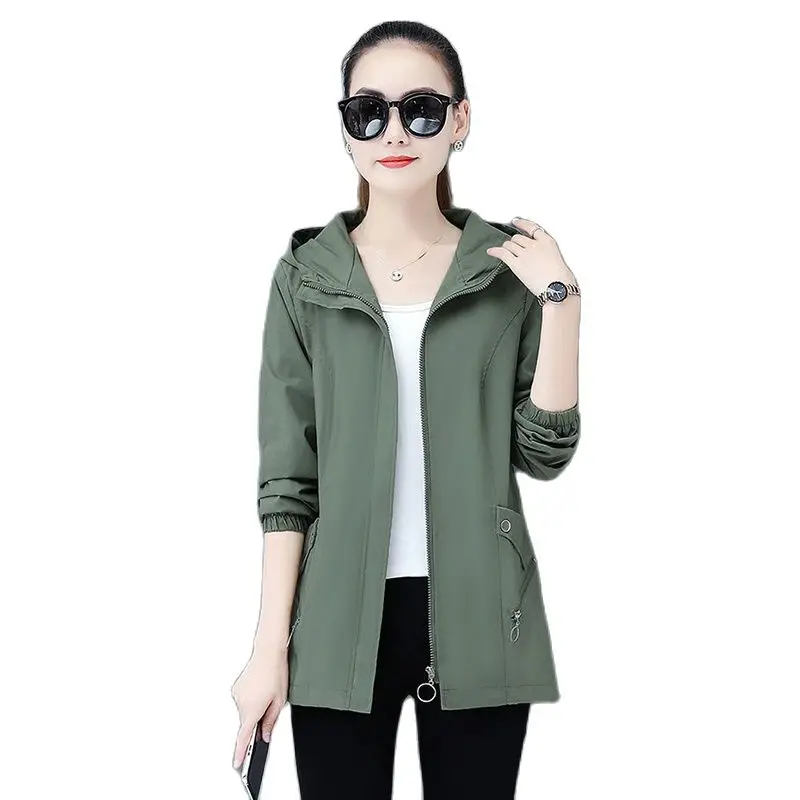 

Mom Fashion Spring And Autumn Coat Solid Color Hooded Windbreaker Womens Long Loose Slim Jacket For Middleaged And Elderly Peopl
