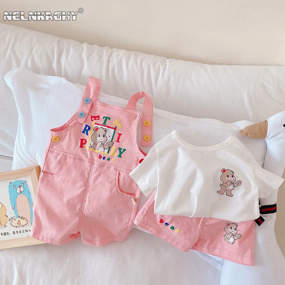 

2023 Summer Kids Baby Girls Short Sleeve Bear Print Top T-shirts Pink Strap Pants Overalls or Cute Shorts Children Clothes 0-6Y