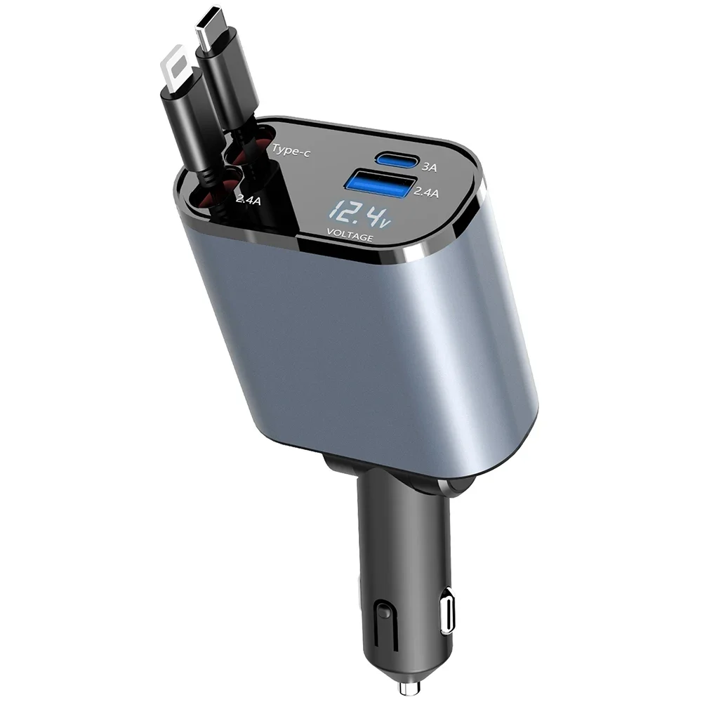 

Автомобильное зарядное устройство 120 Вт 4 в 1 с выдвижным кабелем и 2 USB-портами USB-адаптер прикуривателя типа C для IPhone Samsung Huawei