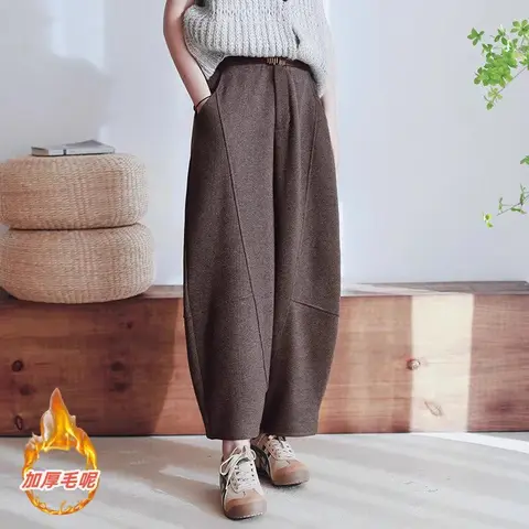 2023 Осень/Зима Новые утолщенные смешанные шерстяные брюки для женщин драпированные моющиеся брюки с редисом Z4494