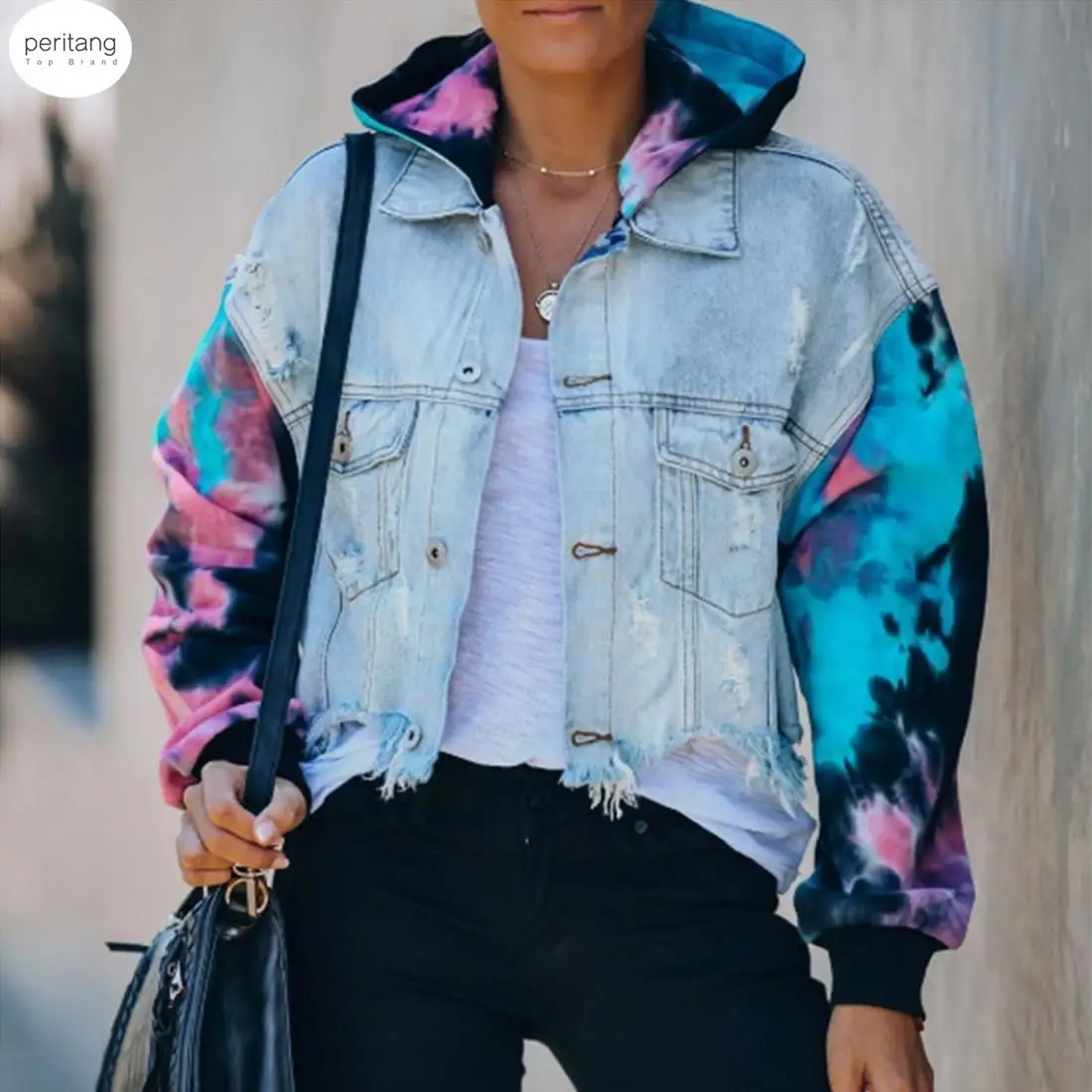 

Jean Jacket for Women Loose Casual Blue Women Hoodies Coats Tie Dye Sleeve Patchwork Hoodied Denim Coats Female Outwear