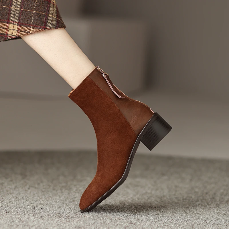 

MythLuo Pumps Ankle Boots For Women Chunky Heels Boots Cow Suede Square Toe Mid Heels Back ZIP Office Ladies Casual Shoes Retro