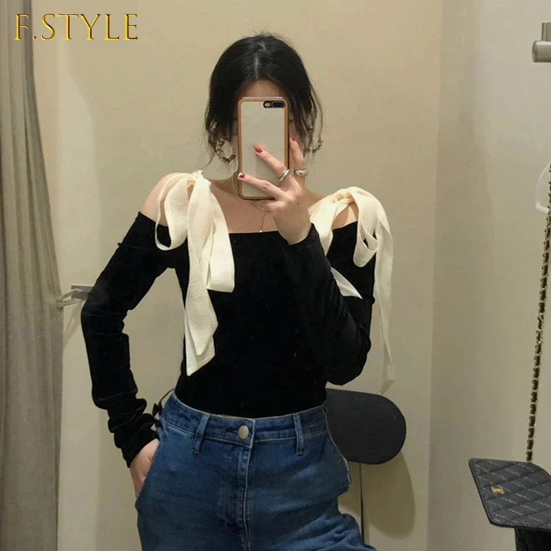 

Shirts Women Off Shoulder Bow Office Lady Elegant Slim Korean Style Trendy Ins Blouses Sexy Retro Ins Spring New Students Soft