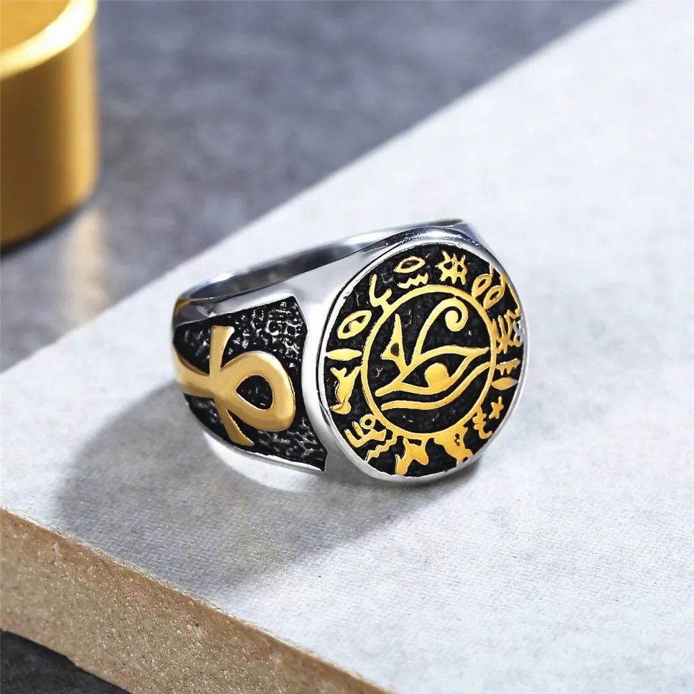 

Men Vintage Egyptian Eye of Horus Ring Stainless Steel Mysterious Ancient Egypt Text Symbol Ankh Rings Punk Amulet Jewelry Gift