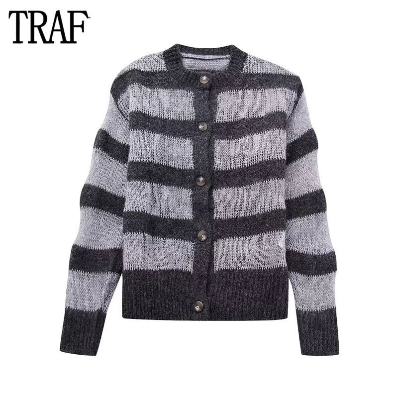 

TRAF 2023 Striped Cardigan for Women Knitted Sweater Cardigan Woman Long Sleeve Button Cardigans Autumn Semi Sheer Knitwears