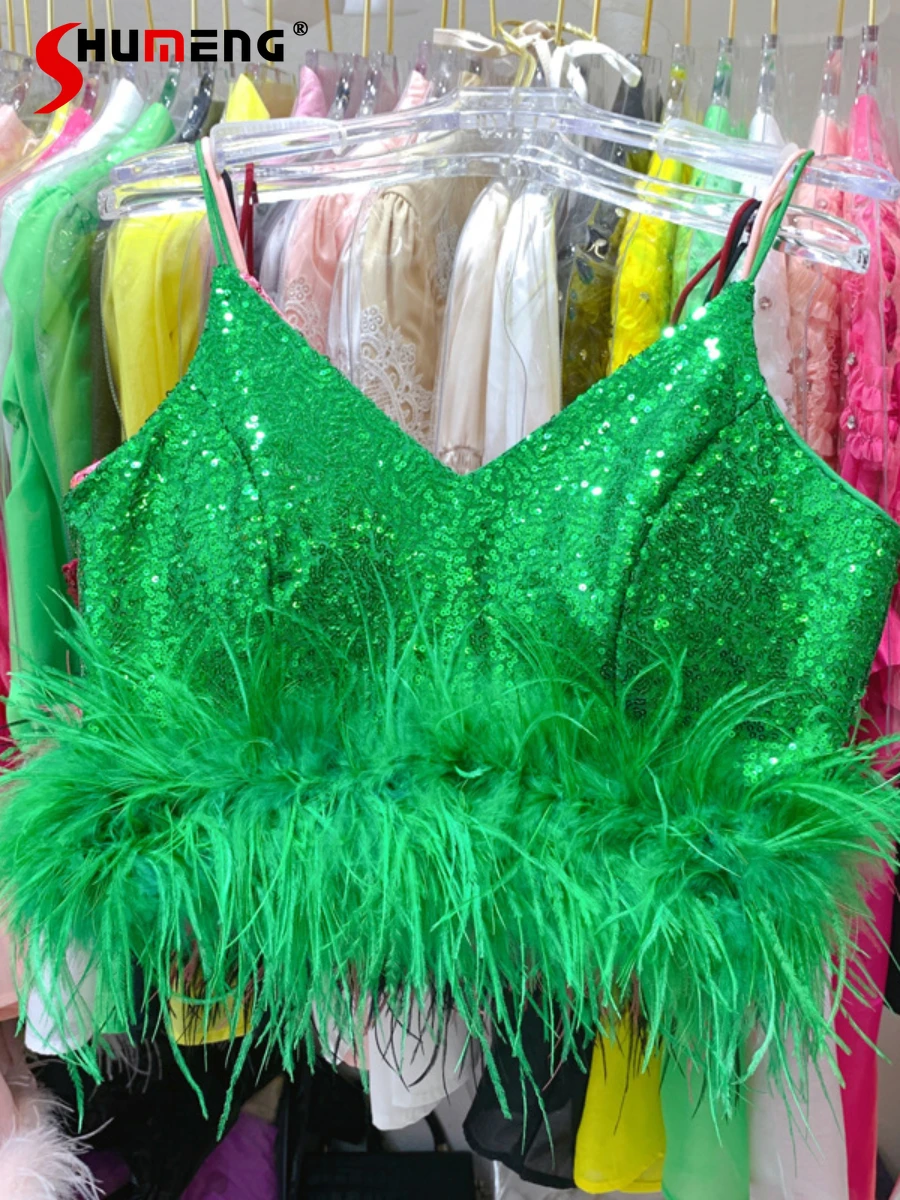 

Heavy Embroidery Sequins Stitching Feather Tassel Vest Female Sexy Outerwear Hot Girl Nightclub Camisole 2022 New Summer Clothes