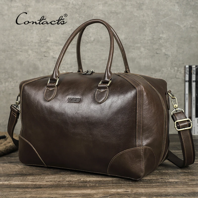 CONTACT'S Genuine Vegetable Leather Travel Bag Men Business Trip Tote Handbag Luggage Bag Large Capacity Vintage Shoulder Bags
