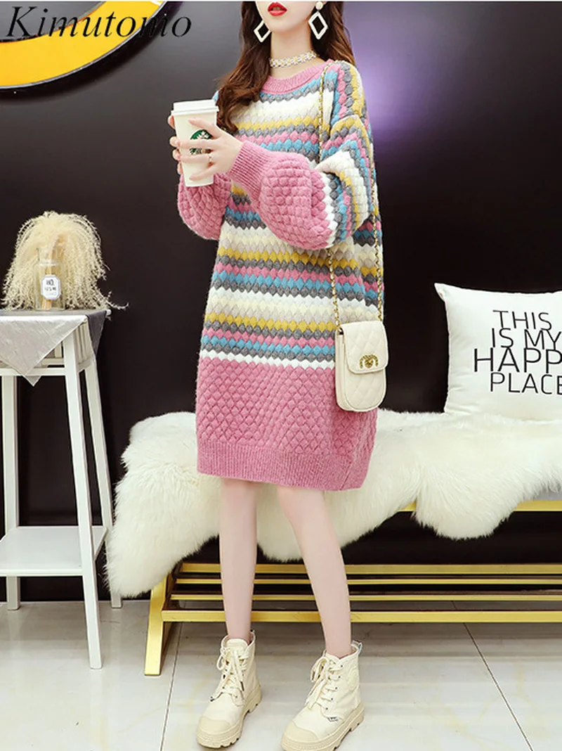 

Kimutomo элегантный Свободный Полосатый контрастный длинный свитер для женщин Мягкий круглый вырез рукава-фонарики Универсальный вязаный пул...