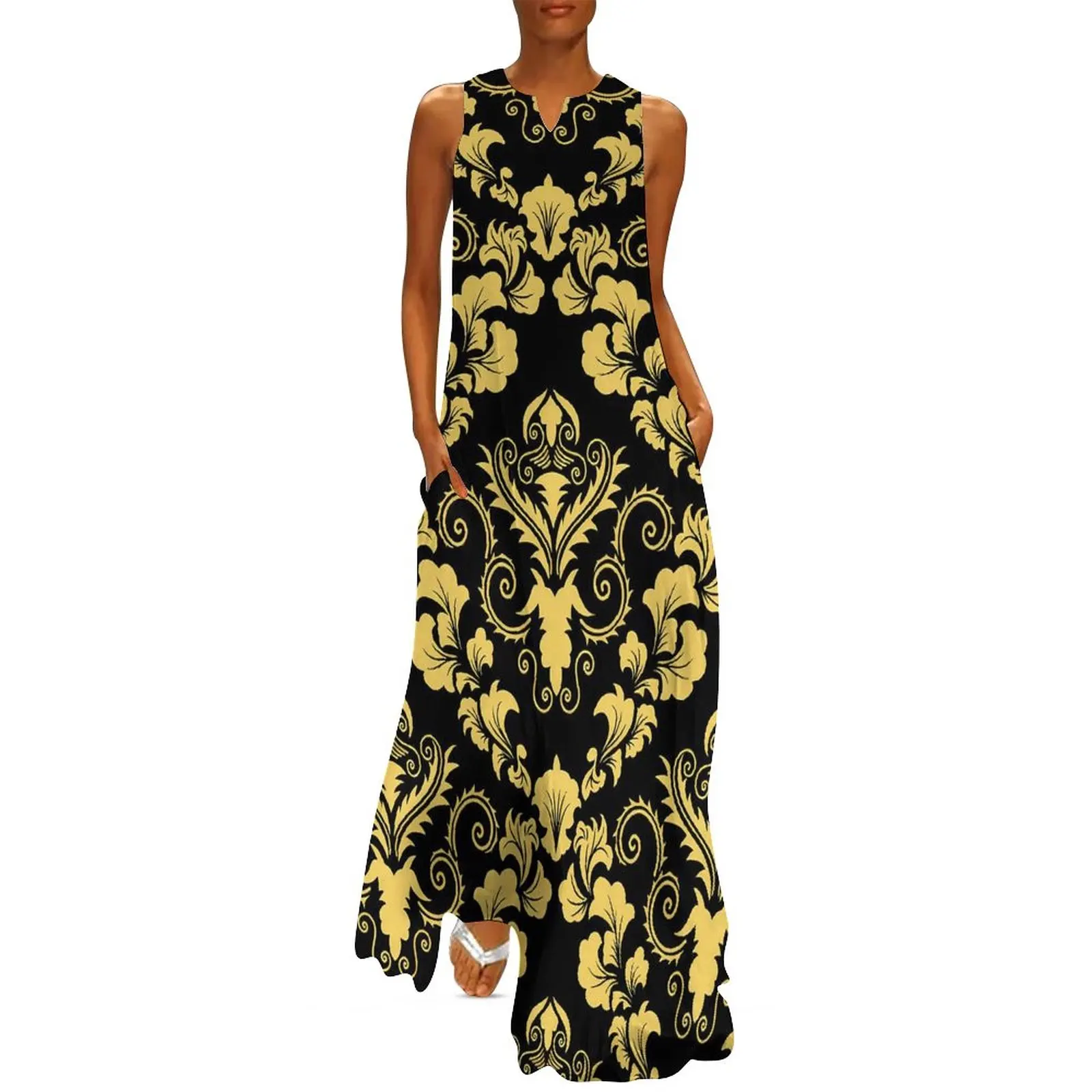 

Vintage Damask Dress Yellow Black Kawaii Maxi Dress Aesthetic Casual Long Dresses Women V Neck Custom Oversized Clothes