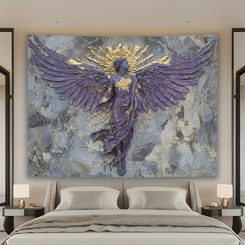 

Элегантный гобелен с ангелом, фиолетовый и золотой настенный рисунок для спальни или гостиной, большой декоративный подвес, добавление божественной красоты