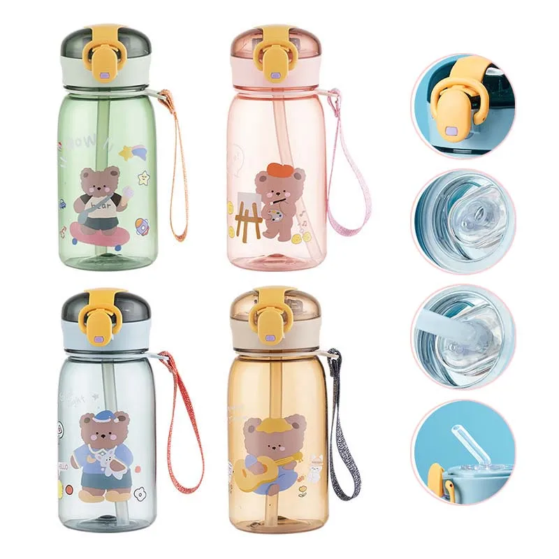 

400ml Leakproof Water Bottles Children's Straw Sippy Cup Outdoor Portable Drink Bottle Fitness Cartoon Pink Blue Baby Drinker