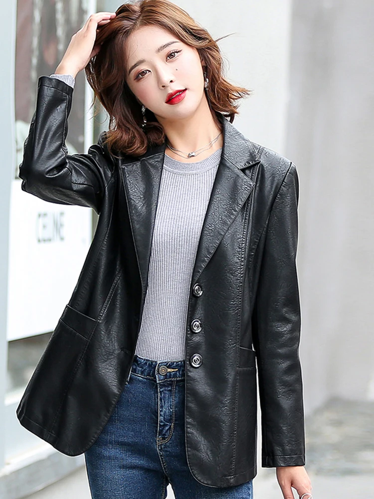 New Women Chic Office Lady Single Breasted Blazer Sheep Leather Vintage Coat 2022 Fashion Notched Collar Ladies Stylish Tops