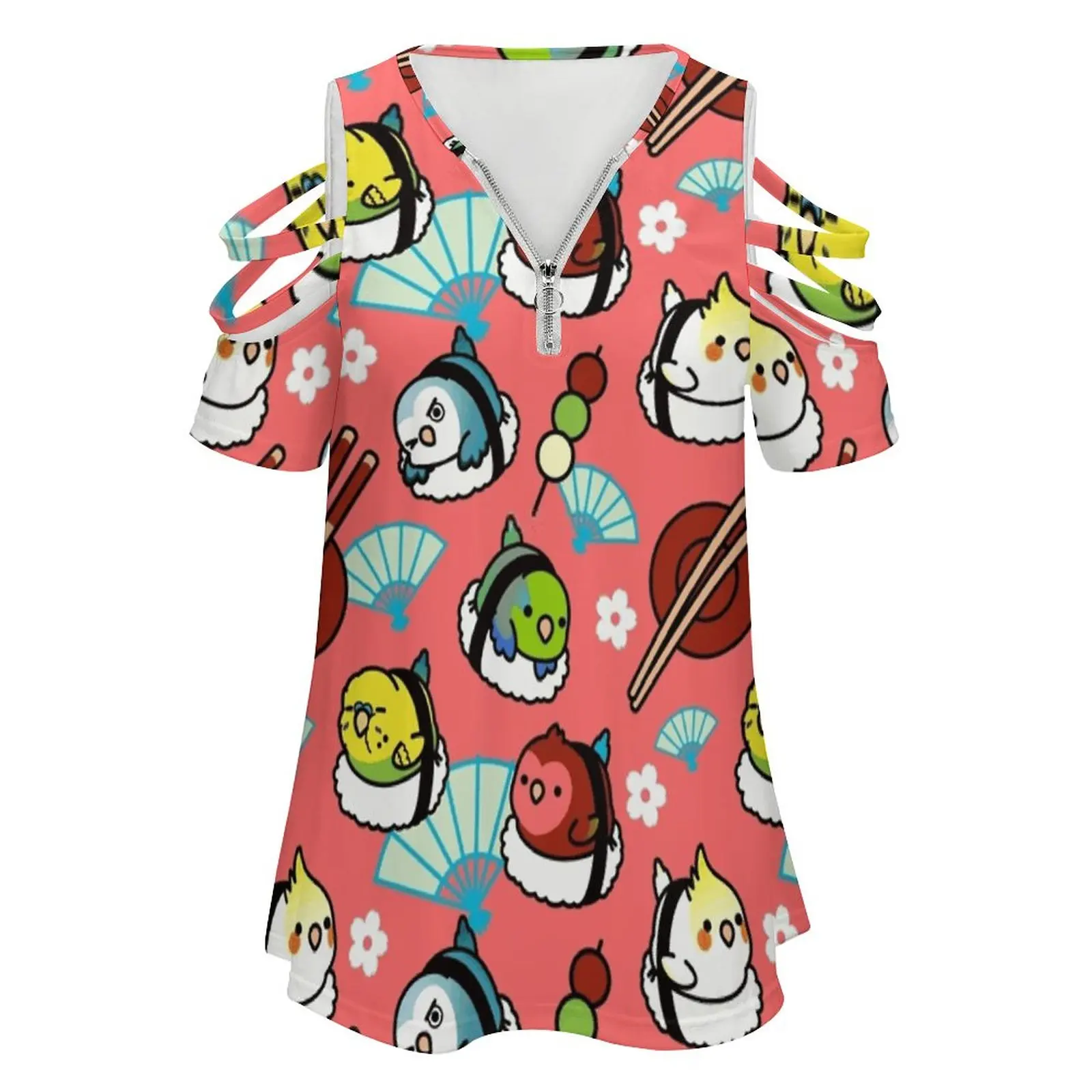 Фото Sushi Time With Cody The Lovebird & Friends Новая мода Топ с открытыми плечами на молнии с короткими рукавами Женская рубашка Mochi Sushi Nigiri Милая №2