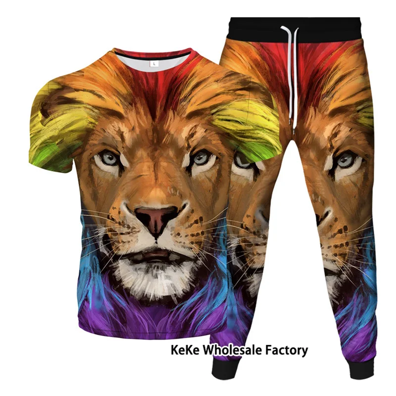

Summer Men Tshirts+Trousers Two-Piece Set Lion Printed Tracksuit For Man Oversized Clothes Sportswear Male Pants Suit Jogger