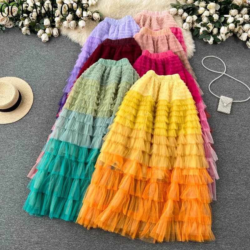 

Contrast Color Mesh Skirts or Women Rules A-line Korean ashion Vintage aldas Beach Style Sweet Long Skirt