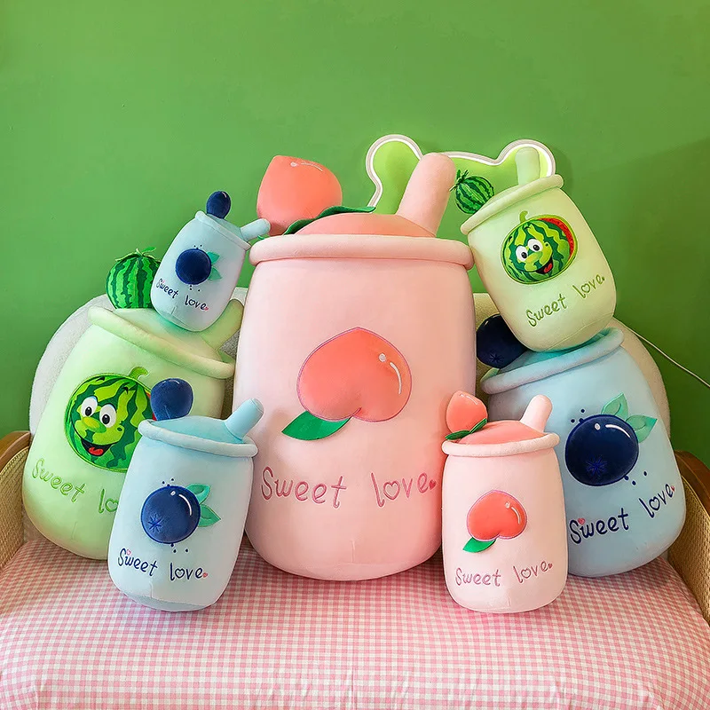 New Watermelon Fruit Milk Tea Plush Toy Soft Fill Cute Strawberry Flavor Milk Tea Pillow Ball Popo Tea Cup Cushion Holiday Gift