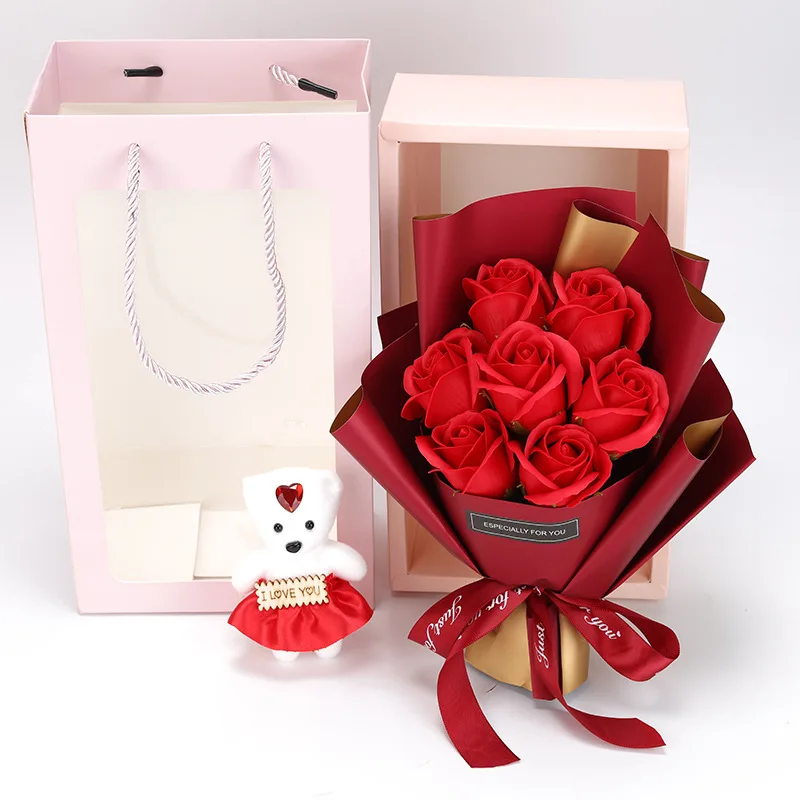 

Wedding Flowers Decoration for Table Valentine's Day Mother's Day Gift 7 Imitation Soap Rose Bouquet Bear Gift Box Gift