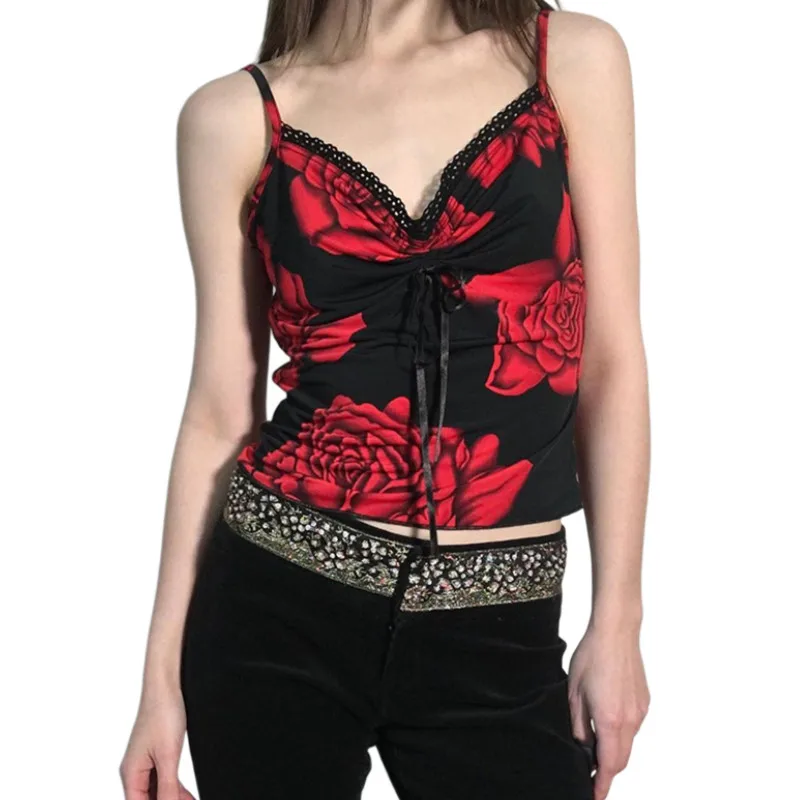 

Топ женский с V-образным вырезом, пикантный облегающий Топ без рукавов, с принтом роз, на завязках, лето