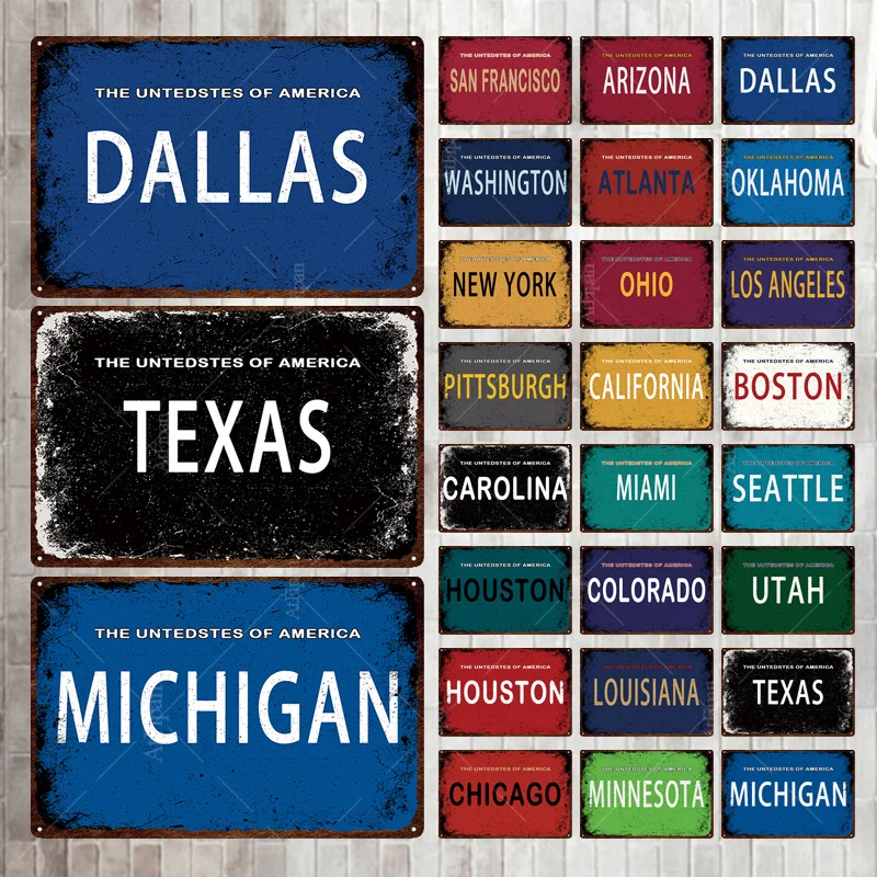 

Famous City Metal Sign Licenses Plate Plaque Metal Shabby Chic Vintage Decor Tin Sign Bar Man Cave Refrigerator Decoration