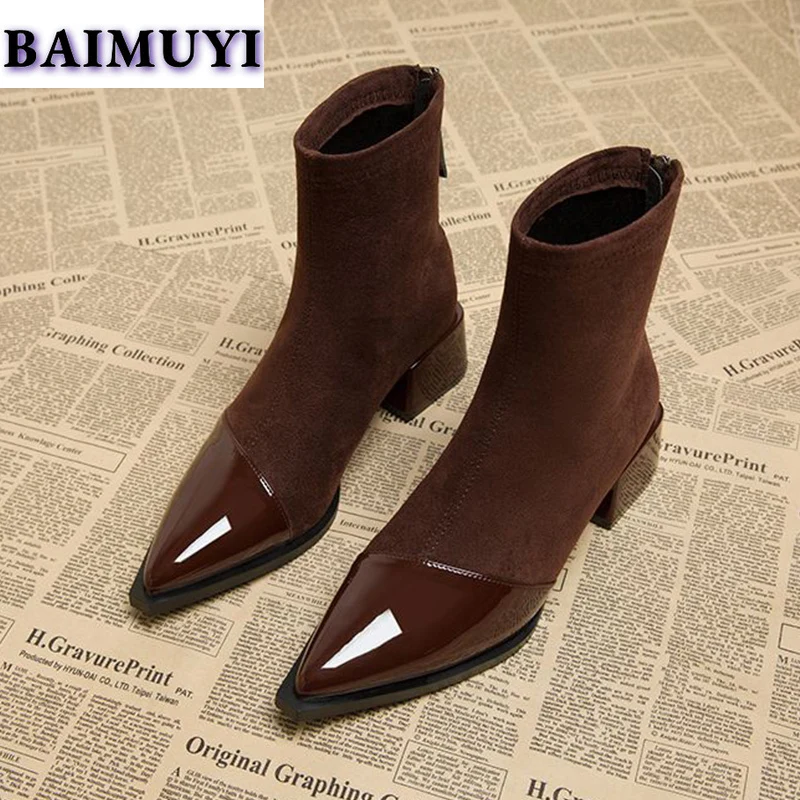 Женские ботильоны на среднем каблуке с острым носком привлекательная обувь 2025