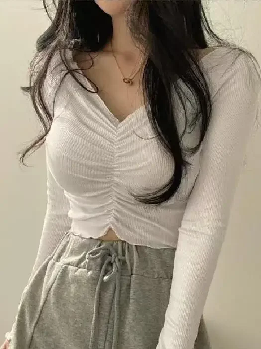 Фото Slim Fit ort Crop Top V-Ne Футболка Корейский Sle Commute Pure Color Long Sve Осенняя внутренняя одежда Сложенный дизайн Модный №2