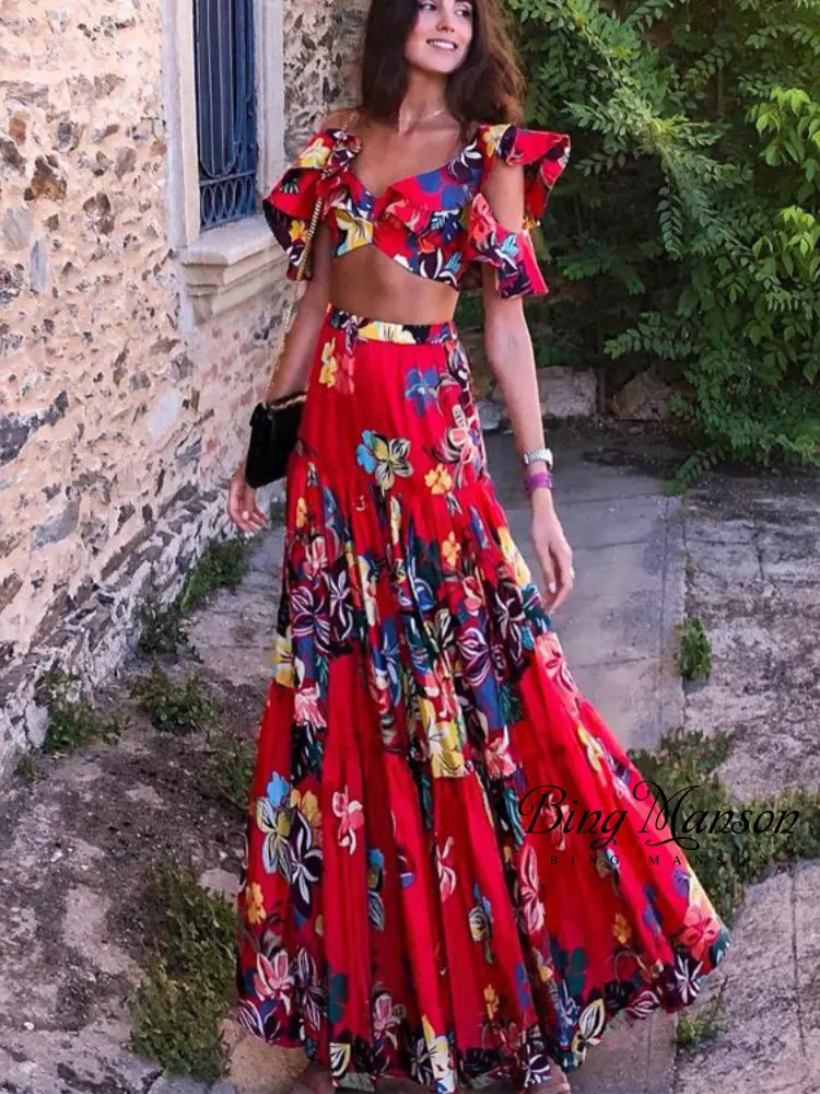 

2023 New Summer Women's Dress Vintage Elegant Print Flare Sexy Red Dress Party Dress