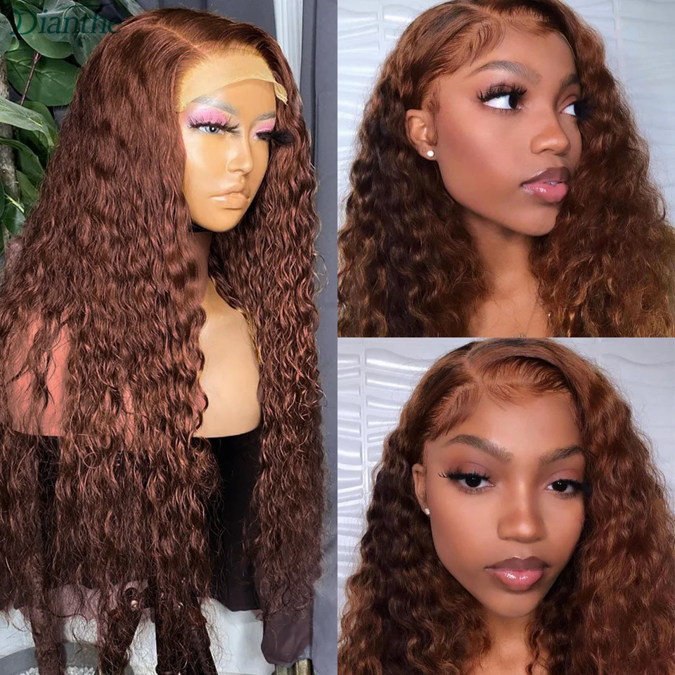 13x4 Transparent Dark Brown Deep Wave Frontal Wig Chocolate Brown Pre Plucked with Baby Hair Lace Front Human Hair Wigs Dianthe