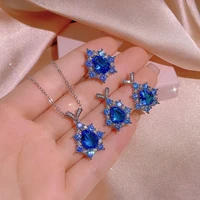 luxury silver plate jewelry set for women shiny blue topaz gemstone charm necklace earring opening ring party gif