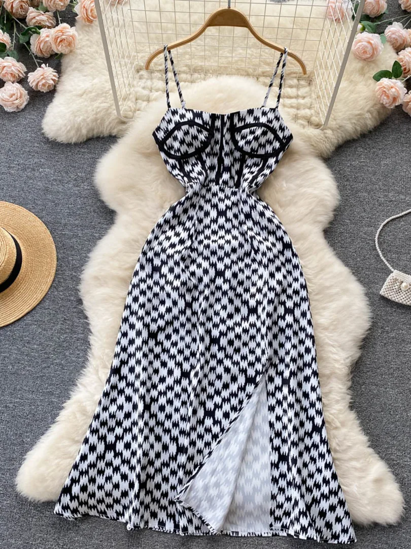 

Summer French Retro Women Dress Spaghetti Strap Sleeveless Backless Evening Party Long Dress Geometric Print Split Sexy Dress