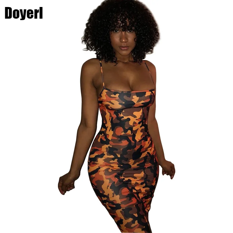 

Sexy Camouflage Print Spaghetti Strap Dress Women Summer Backless Slim Bodycon Party Midi Dress Sexy Night Club Bandage Sundress