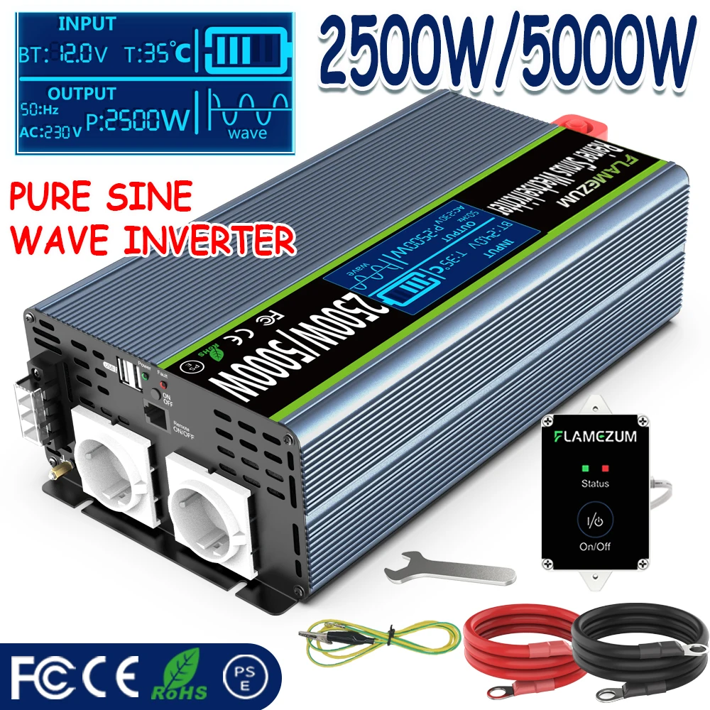 

2500W/5000W Pure Sine Wave Inverter DC12V 24V to AC 230V Car Converter 50Hz LCD Display Car Power Inverter(1 Year Warranty)