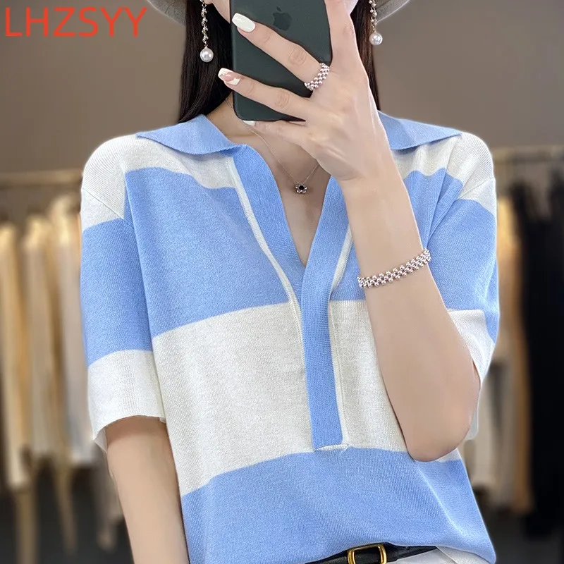 

LHZSYY New Worsted Wool Short-Sleeve T-Shirt Women's Summer POLO Collar Striped Knit Base Shirt 2023 Vest Loose Thin Female Tops
