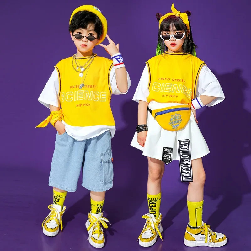 Boys Hip Hop Fake Two Pieces T-shirt Cargo Denim Shorts Girls Summer Skirt Clothes Set Kids Streetwear Child Jazz stage Costumes