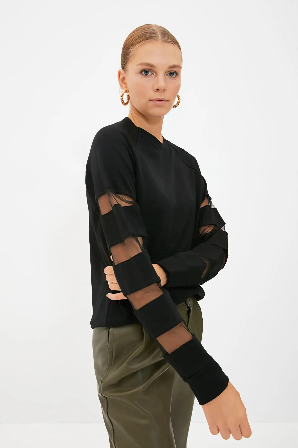 

Black Tulle Detailed Basic Slim Knitted Thin Sweatshirts Christmas gift