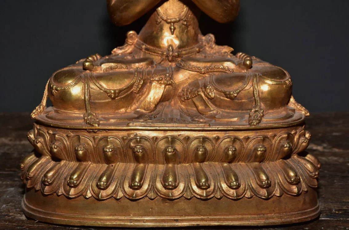 12 8-дюймовая старая тибетская бронза позолоченная статуя Амитаюса долголетия