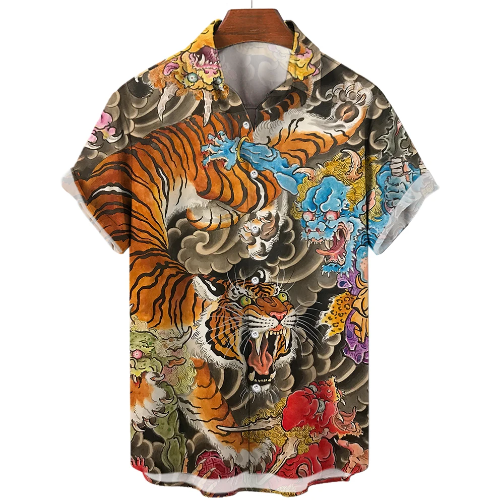 Tiger Pattern Shirt Summer Hunter Short Sleeve Men's Shirt Anime Print Tops Casual Lapel Oversized Button Clothing Pullover 5XL