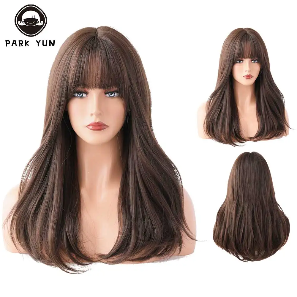 

PARKYUN WIGS Daily Wear Black Brown Synthetic Wigs For Female With Bang Crochet Hair Good Quality Heat Resistant Nature Curl Wig