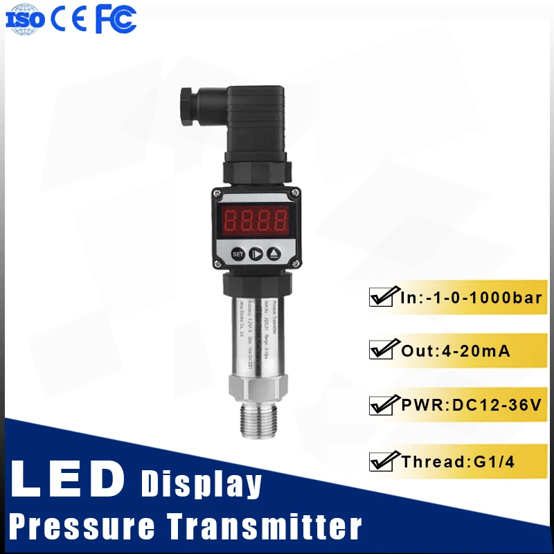 LED Display Pressure Transmitter 4-20mA Output Measuring Gas Water Oil Pressure Diffusion Silicon Sensor G1/4 Screw Thread
