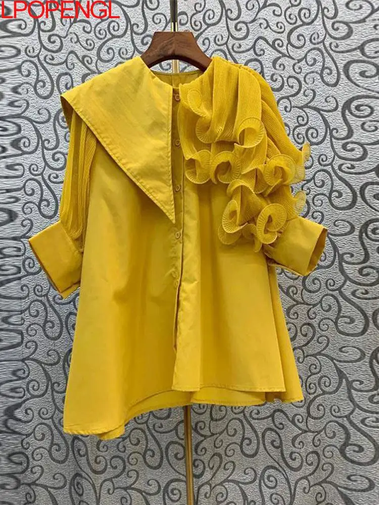 

White Irregular Ruffles Casual Shirt For Women O Neck Short Sleeve Solid Single Breasted Blouses Female Summer Clothing New top