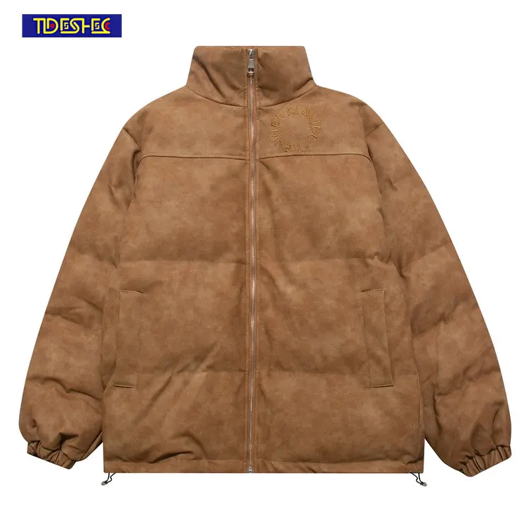 

Men Vintage Stand Collar PU Leather Coat Embroidery Letter Bread Jacket Warm Parka Fashionable Oversized Cotton Jacket Winter