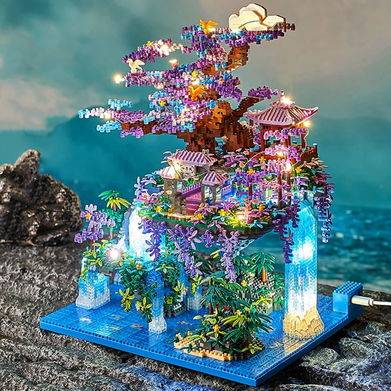 16290 World Architecture Pavilion Tree Island Waterfall Pool LED Light DIY Mini Diamond Blocks Bricks Building Toy no Box