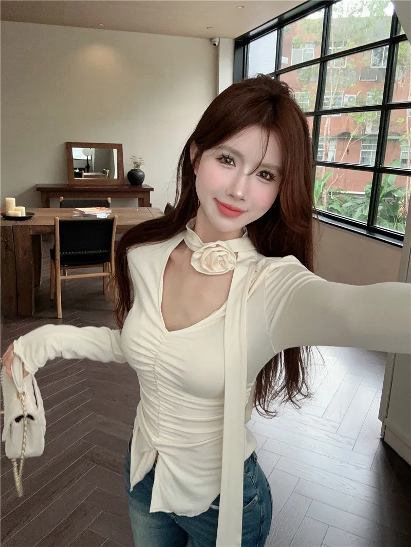 Pure Desire Gyaru Sexy Chest Emphasizing Top Women Deep V-neck Hanging Neck Long sleeves Shirt Bottoming Inner wear Des...