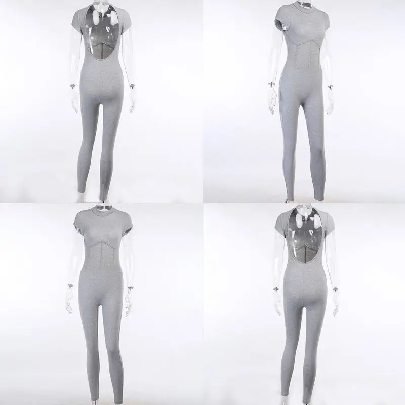 

Women Short Sleeve Backless Jumpsuit Corset Waist Knitted Sport Skinny Rompers 10CE