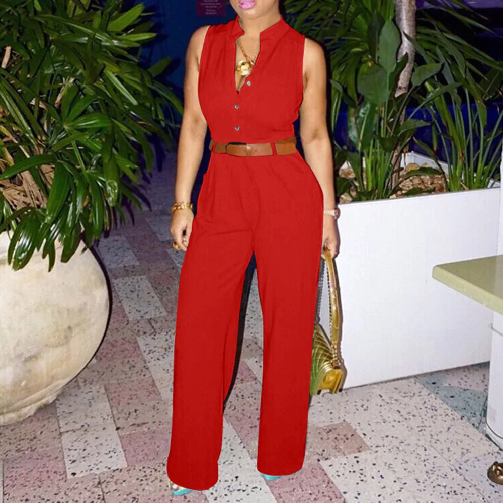 

Women Jumpsuit Sleeveless Deep V Neck Buttons Sexy Fashion Plain Elegant High Waist Female Overall 2022 Shiny One Piece Jumpsuit