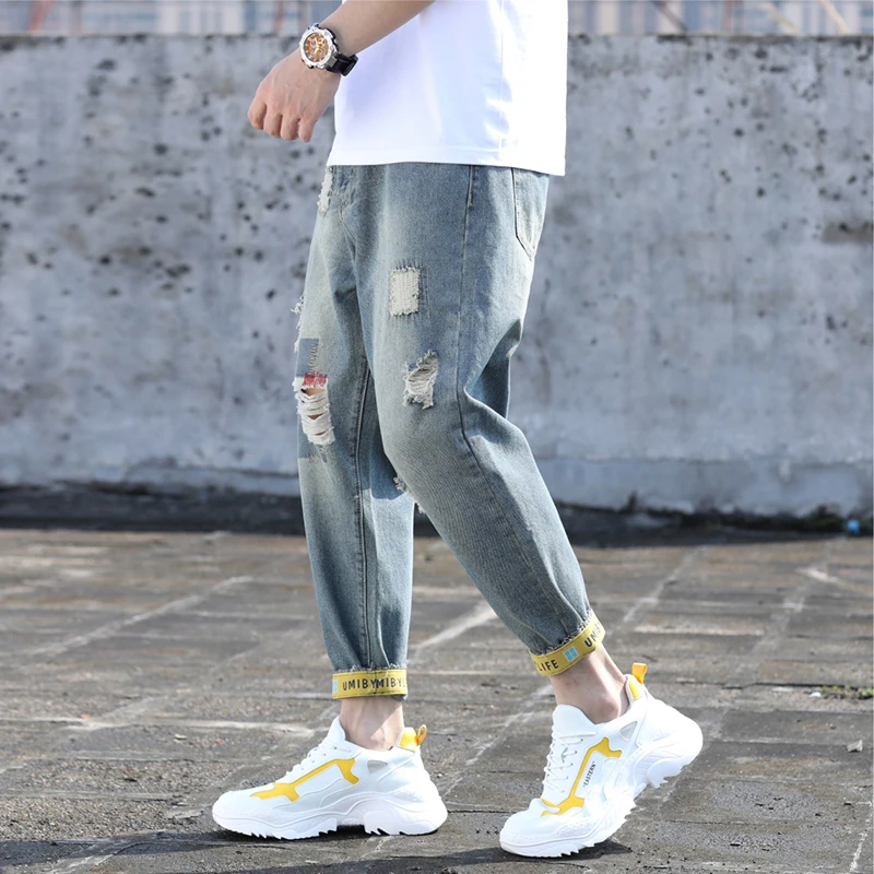2022 Autumn Street Casual Pants Hem Turned Over Fashion Large Hole Patch Washed Jeans Men