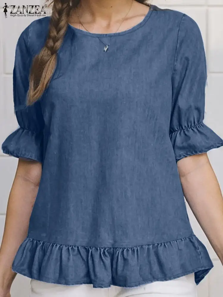 Модные летние топы ZANZEA с рукавом до локтя и оборками на подоле джинсовая синяя
